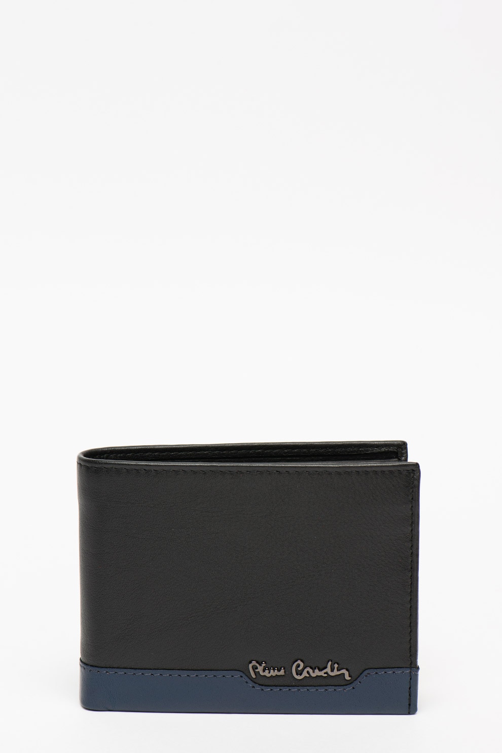 Pierre Cardin, Portofel de piele pliabil, cu aplicatie logo metalica, Negru/Albastru
