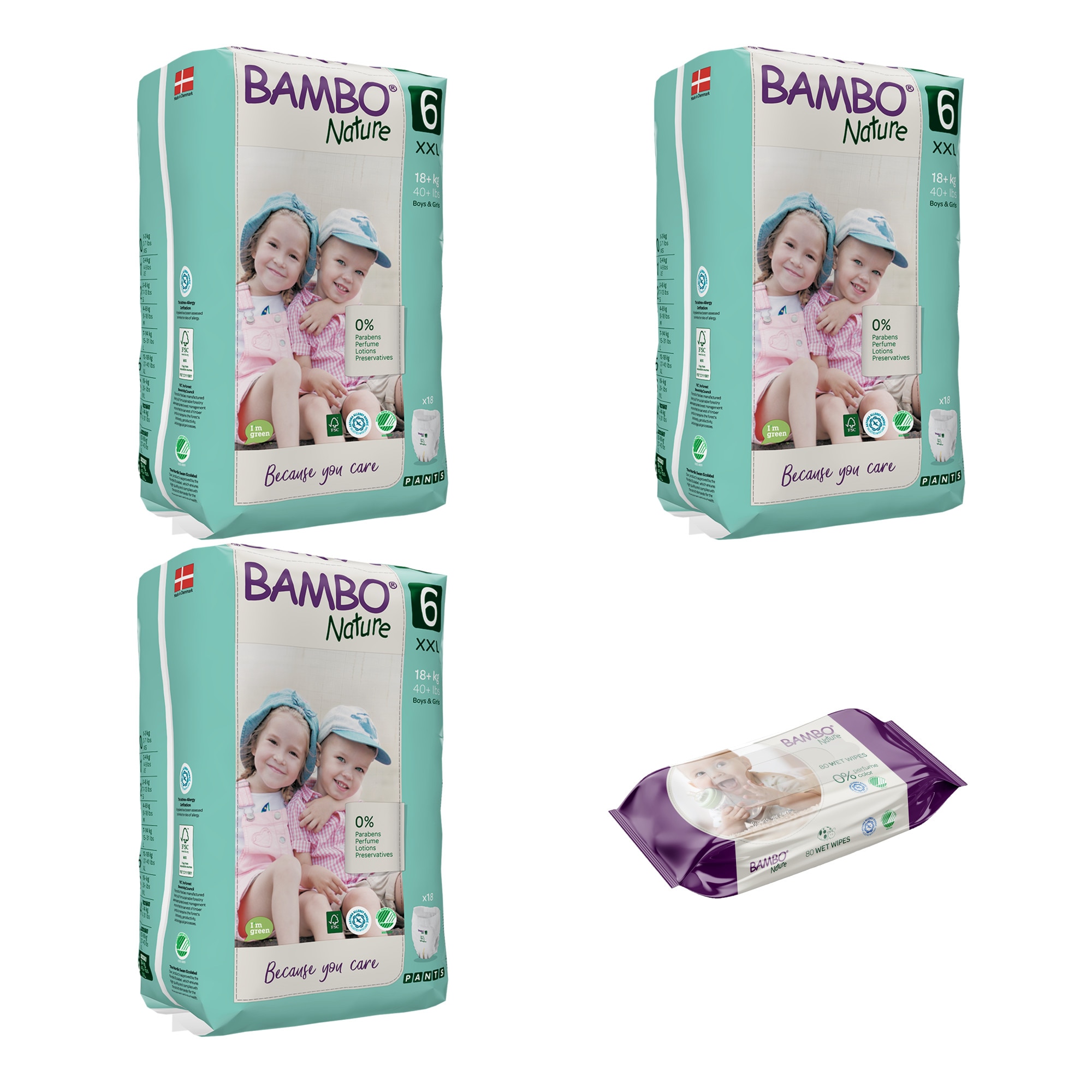 Set 3 pachete Chilotei Ecologici Bambo Nature Nr. 6 (18+ kg), 54 bucati si servetele umede Bambo Nature, 80 buc