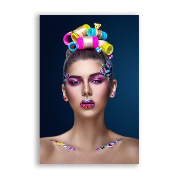 Tablou Canvas - Portret, Femeie, Multicolor, Par, Buze, Colorat, 80x120 cm Tablou Canvas - Portret, Femeie, Multicolor, Par, Buze, Colorat, 80x120 cm