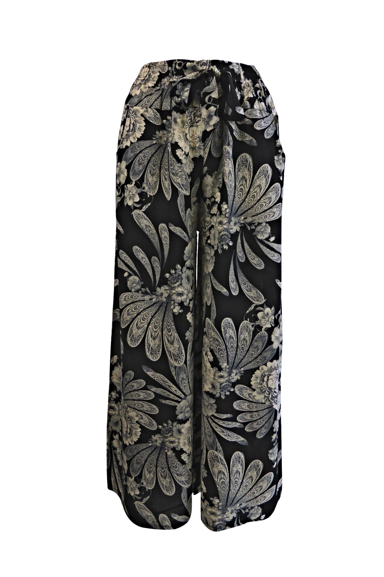 Fusta-pantalon UNIVERS FASHION cu 2 buzunare, negru cu imprimeu floral bej, cordon si elastic la talie, S