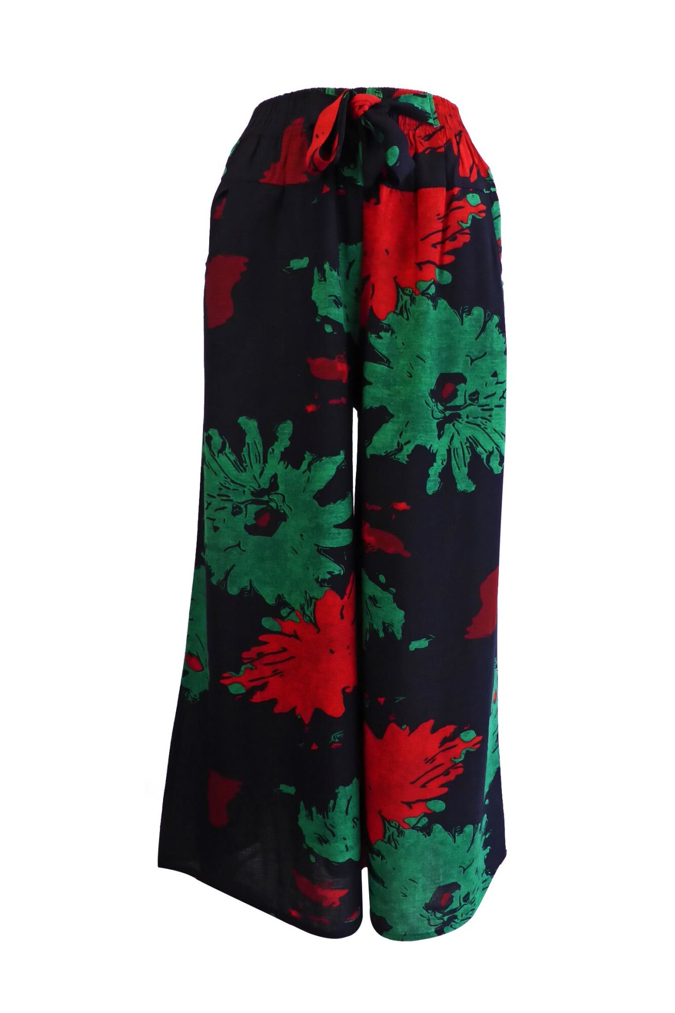 Fusta-pantalon UNIVERS FASHION cu 2 buzunare, albastru cu imprimeu rosu si verde, cordon si elastic la talie