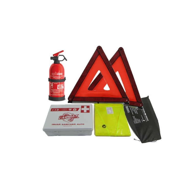 Авариен комплект за кола 5 части - 1 светлоотразителна жилетка, 1 аптечка, 1 пожарогасител-P1, 2 светлоотразителни триъгълника