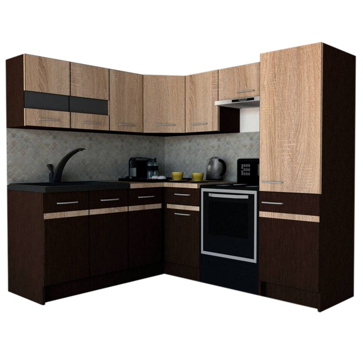 Set Bucatarie de Colt GENA NEW 8 ST. 180-210, Genarom, Fara Corp de Cuptor, Wenge / Stejar Sonoma