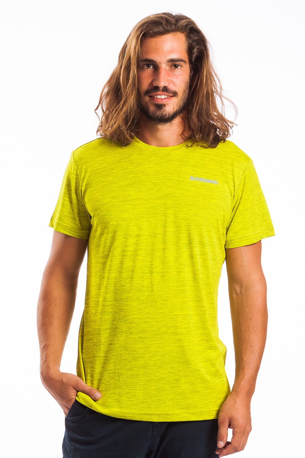 Fundango, Tricou cu decolteu la baza gatului si imprimeu logo discret Tech, Galben