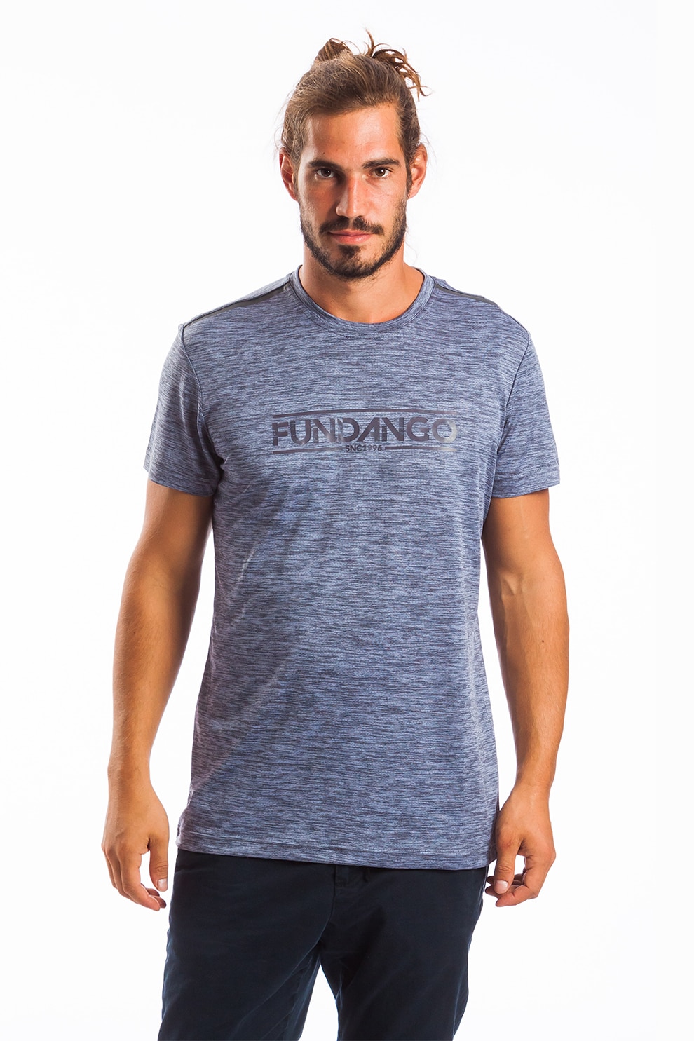 Fundango, Tricou cu decolteu la baza gatului si imprimeu logo Tech, Gri
