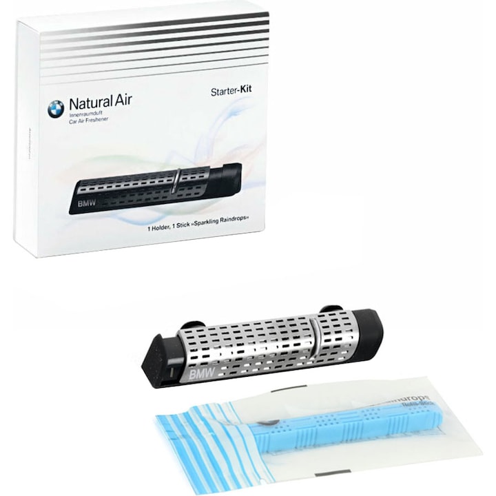 BMW Natural Air Starter Kit Utastér illatosító, tartalmazza a készüléket és egy mellékelt tartozékot, Sparkling Raindrops