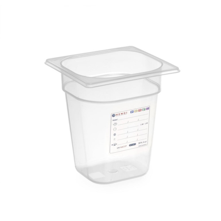 Műanyag tároló GN Hőálló edény 1/6 - HACCP - Átlátszó - 1 L - 176x162x65 mm