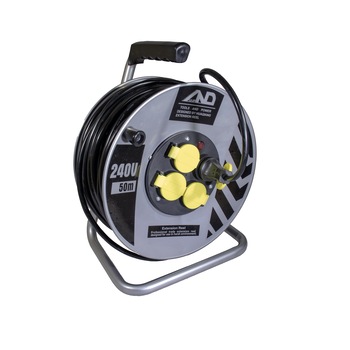Derulator prelungitor electric 50 M pe tambur metalic 3x2.5mm , 4 prize cu protectie si impamantare Derulator prelungitor electric 50 M pe tambur metalic 3x2.5mm , 4 prize cu protectie si impamantare