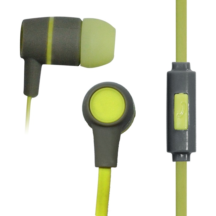 Слушалки Vakoss, с тапи, за поставяне в ушите, с микрофон, с плосък кабел, Електриковозелен