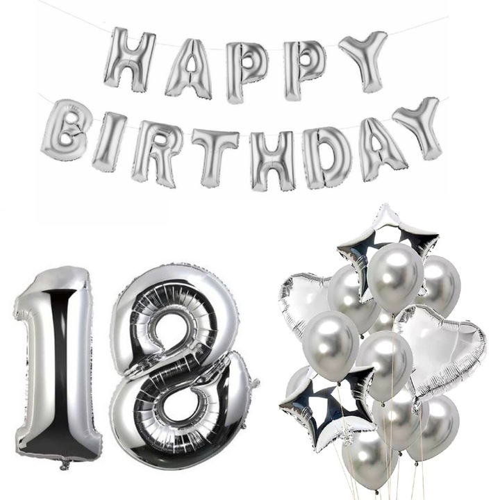 Комплект балони за рожден ден на 18 години, сребрист цвят, It's Party Time
