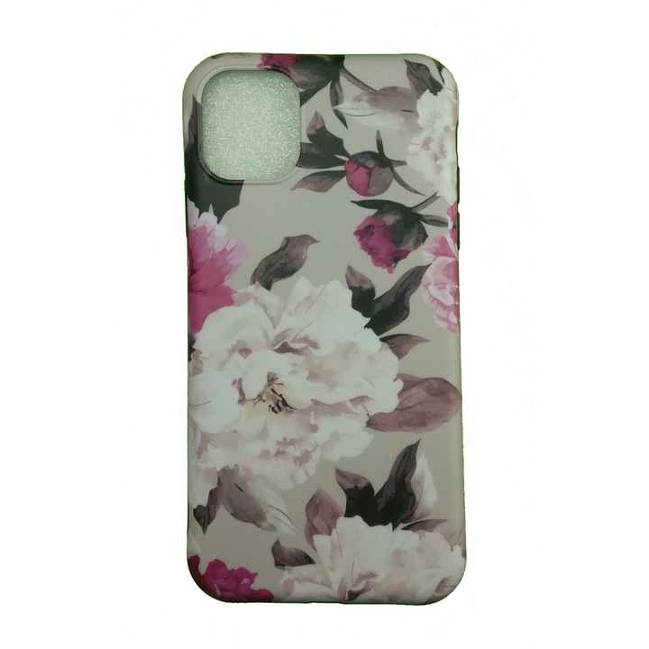 Husa compatibila cu Iphone 11 Pro Max 6.5, Carcasa Silicon Fin, Flori, Gri