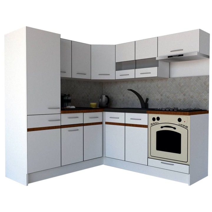 Set Bucatarie de Colt GENA NEW 9 ST. 190-200, Genarom, Cu Corp de Cuptor, Alb