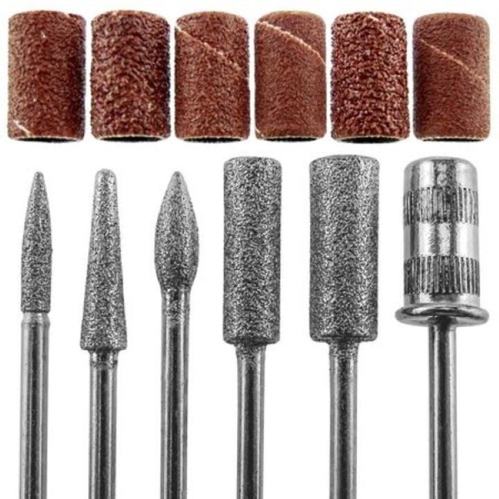 Set 6 bit-uri profesionale si 6 inele abrazive de smirghel, universale, pentru freza electrica, manichiura si pedichiura