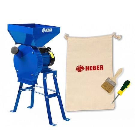 Set moara electrica Heber® motor 3,5 kw (100% cupru), cu suport din metal pentru cereale si stiuleti (2 in 1), Cuva Mare, 3000 rpm, 300 kg/h, 4 site de rezerva, 20 ciocanele, accesorii intretinere incluse (sac, perie, surubelnita)