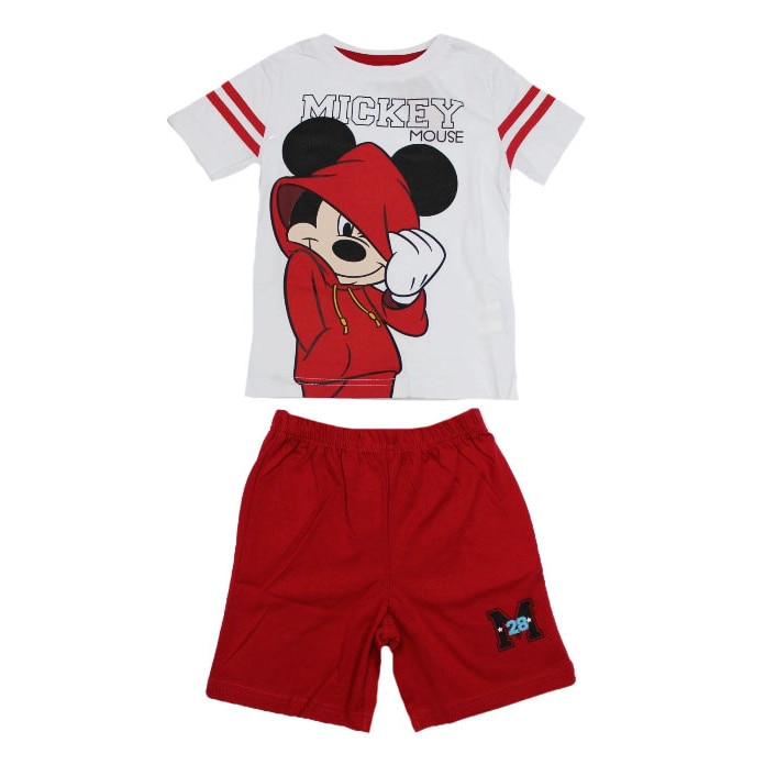 Pijama, maneca scurta, Mickey, alb/rosu