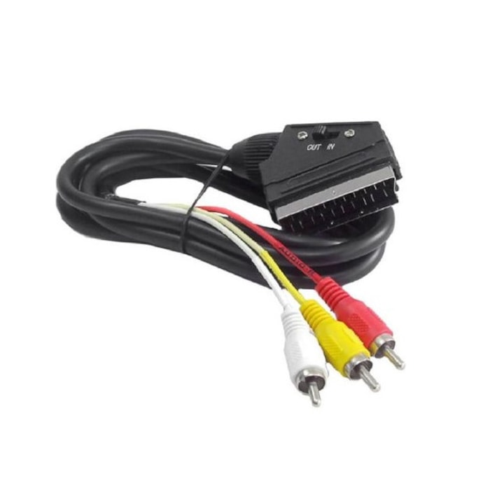 Cablu audio video SCART tata la 3 x RCA tata (audio/video) cu comutator, 2m