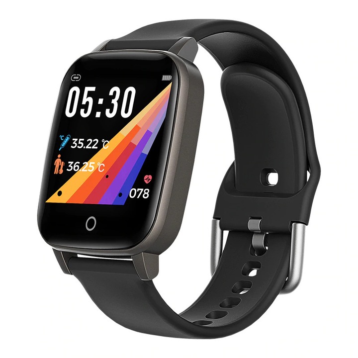 Ceas smartwatch Kingwear T1, display 1.3 inch IPS cu touch screen, rezolutie 240 x 240 pixeli, functii de monitorizare a sanatatii + temperatura corpului