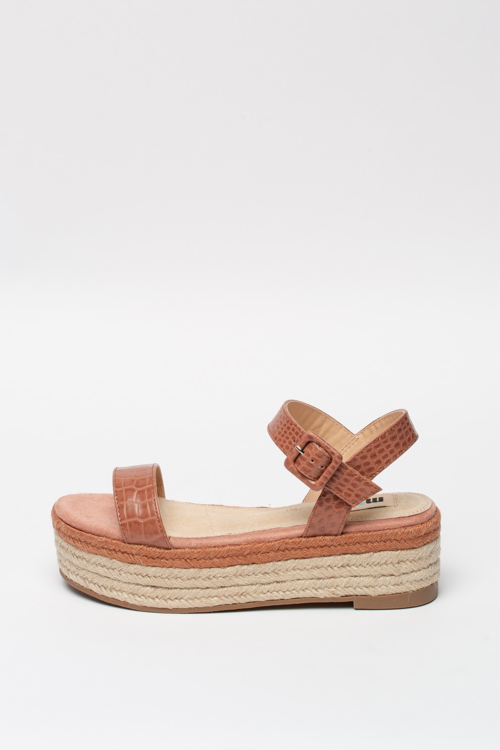 MTNG, Sandale flatform tip espadrile cu model piele de crocodil, Roz prafuit/Maro camel, 41