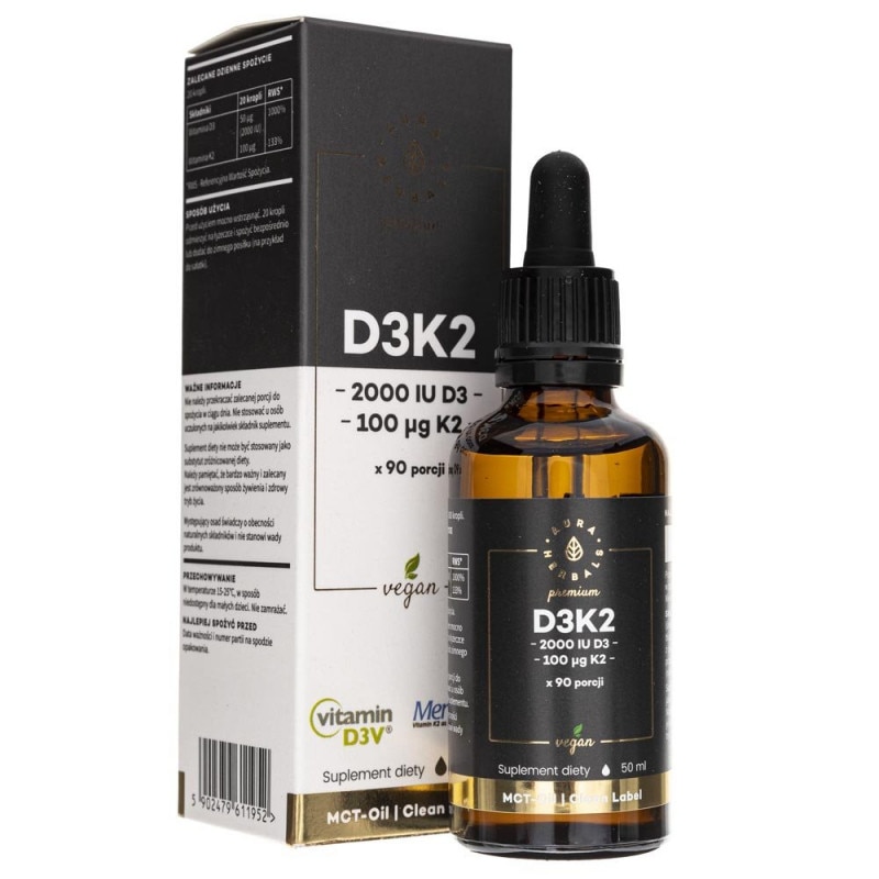 Supliment alimentar Vitamina D3 Premium 2000IU + K2 MenaQ7 Vegan Aura Herbals, 50 ml picaturi