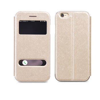 Husa iPhone 6 / 6s - HOCO, slim piele + aluminiu, 2 in 1, tip carte + bumper, Gold