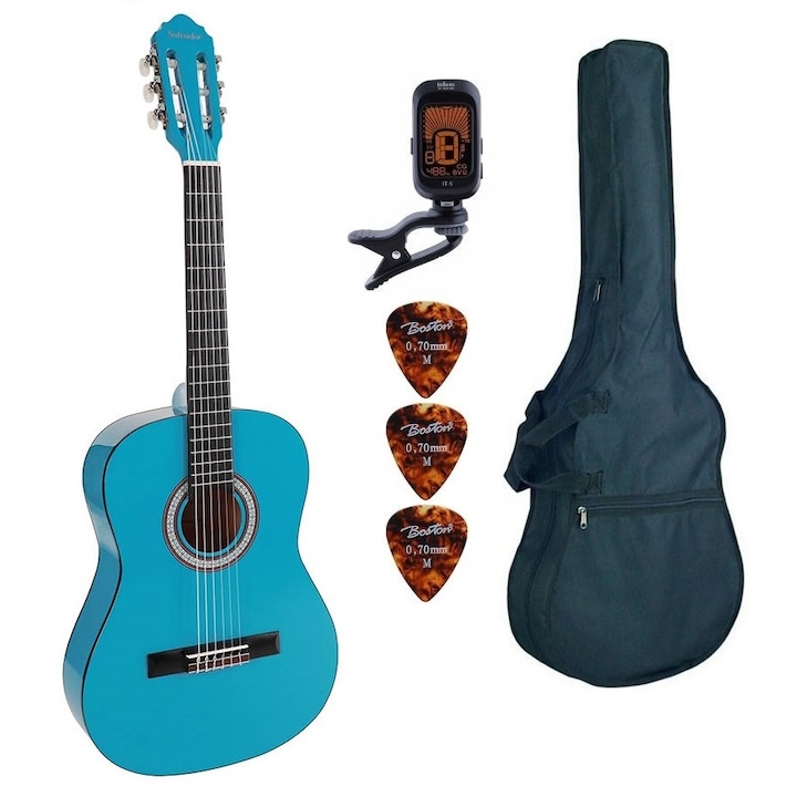 Комплект класическа китара Salvador Kids CG134BU, Синьо 3/4 покритие за цифров тунер за пера