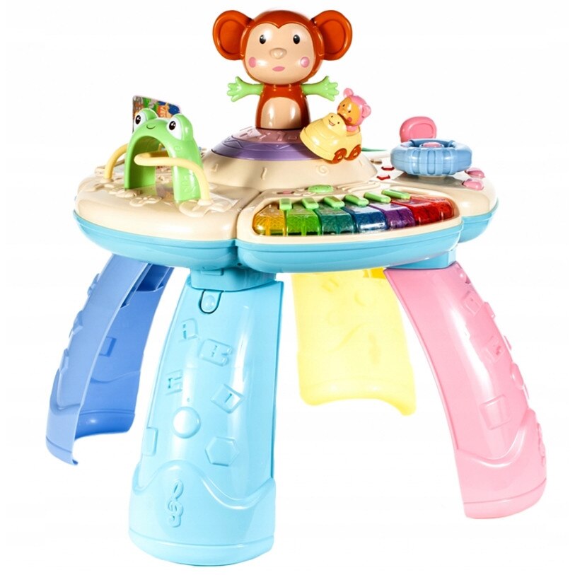 Centru de Activitati Multifunctional, Baby Monkey, 2in1, cu Pian, Carticica cu Animale, Volan cu Claxon, Masinuta, Sortator de Forme, 2 Moduri de Joaca, Muzica si Lumini, Multicolor