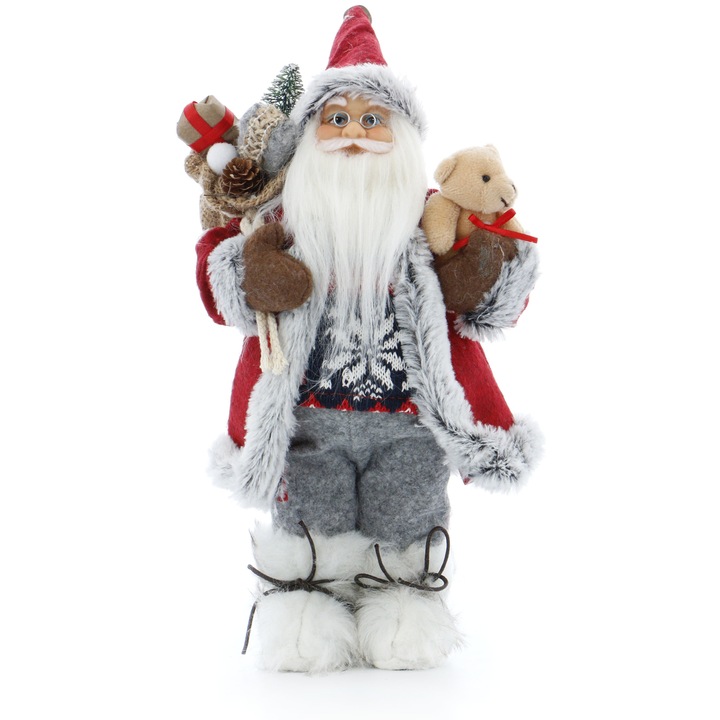 Figurina Mos Craciun Kring Bear, cu ursulet si sac de cadouri, 30 cm, Rosu/Gri