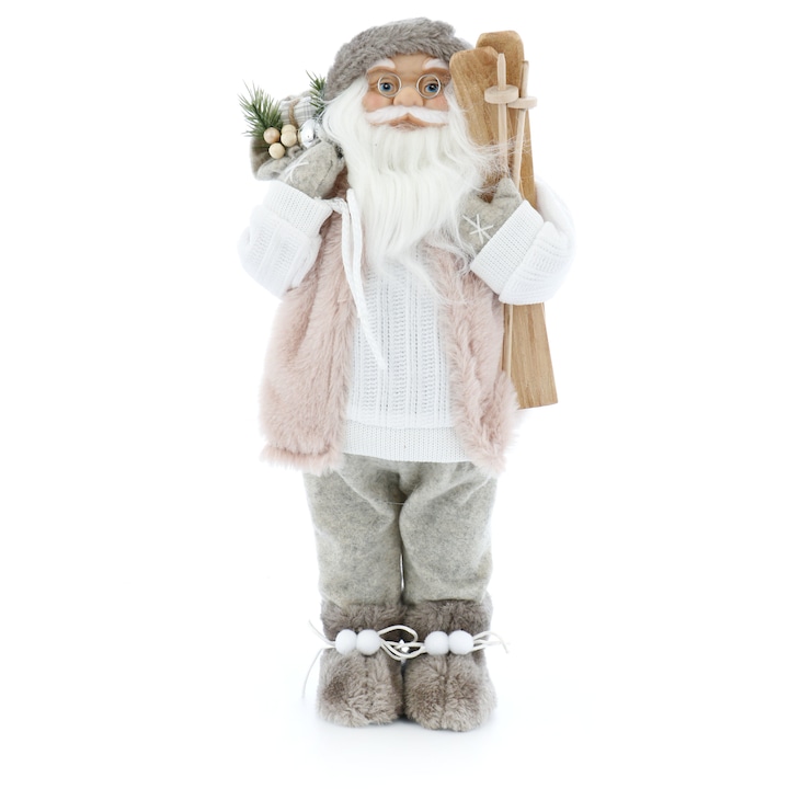 Дядо Коледа Kring, Със ски и чувал с подаръци, 46 см, Розов/Бял