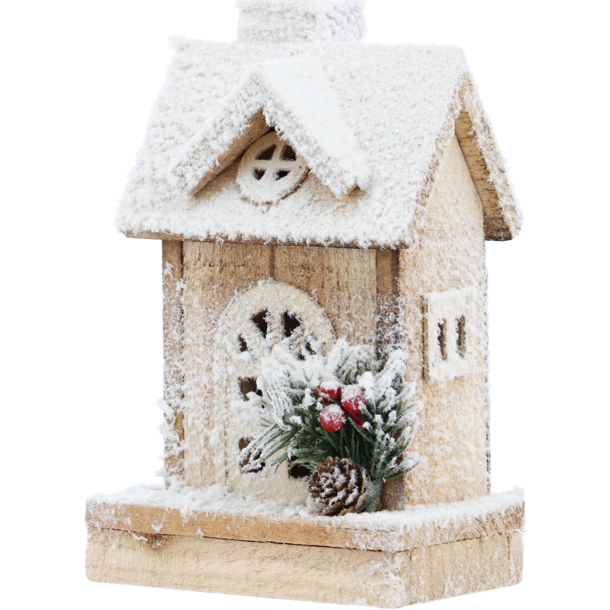 Decoratiune Craciun casuta lemn Kring X'Mass, cu lumini, pe baterii, aspect rustic, 24 cm, frunze si conuri