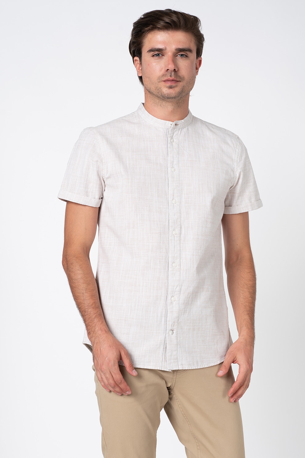 BLEND, Camasa de bumbac cu maneci scurte si guler Mao, Maro taupe deschis/Alb