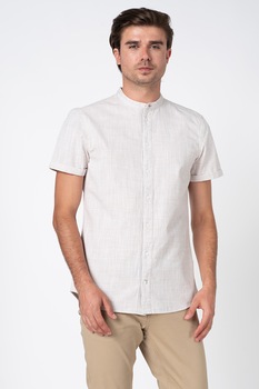 BLEND, Camasa de bumbac cu maneci scurte si guler Mao, Maro taupe deschis/Alb BLEND, Camasa de bumbac cu maneci scurte si guler Mao, Maro taupe deschis/Alb