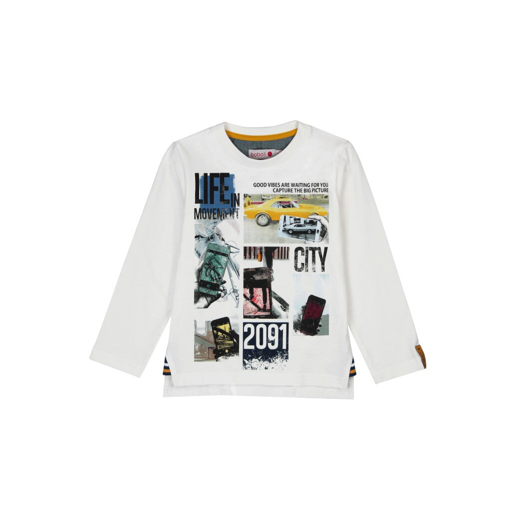 Tricou alb cu maneca lunga si imprimeu masini, Boboli, baieti
