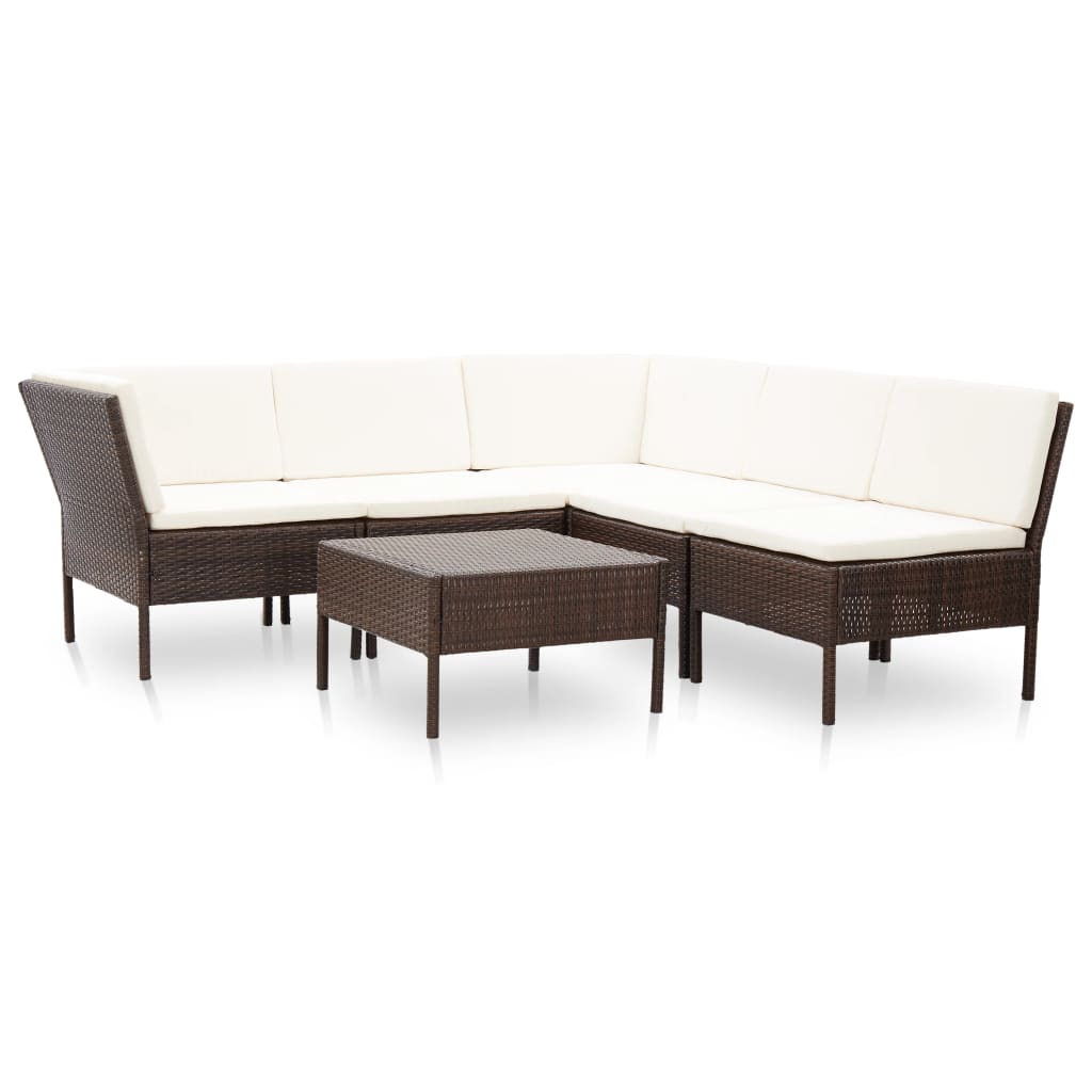 Set mobilier de gradina 6 piese masa cu canapea, vidaXL, Poliratan, 60 x 60 x 35 cm, Maro/Alb
