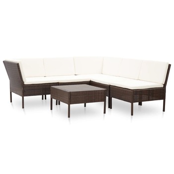 Set mobilier de gradina 6 piese masa cu canapea, vidaXL, Poliratan, 60 x 60 x 35 cm, Maro/Alb Set mobilier de gradina 6 piese masa cu canapea, vidaXL, Poliratan, 60 x 60 x 35 cm, Maro/Alb