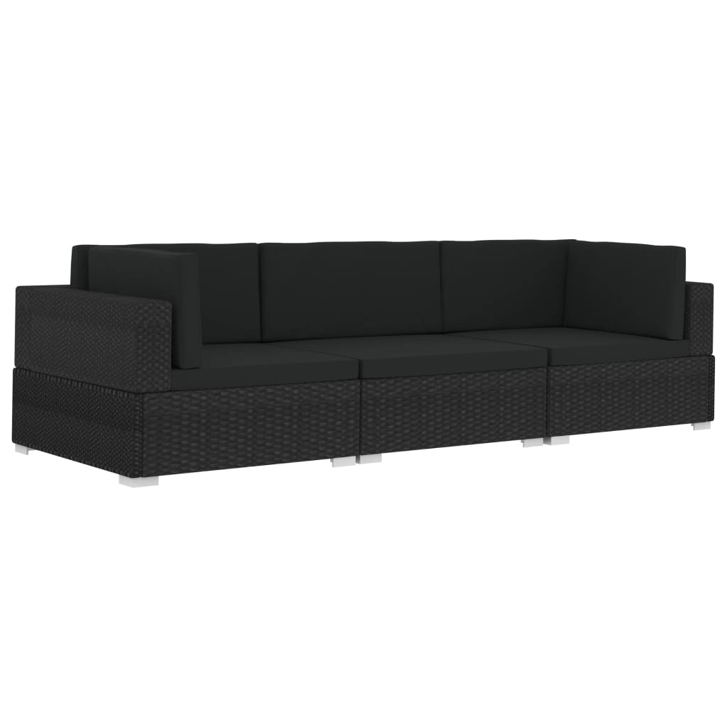 Set de 3 piese mobilier de gradina cu perne, vidaXL, Poliratan, 210 x 70 x 54 cm Negru