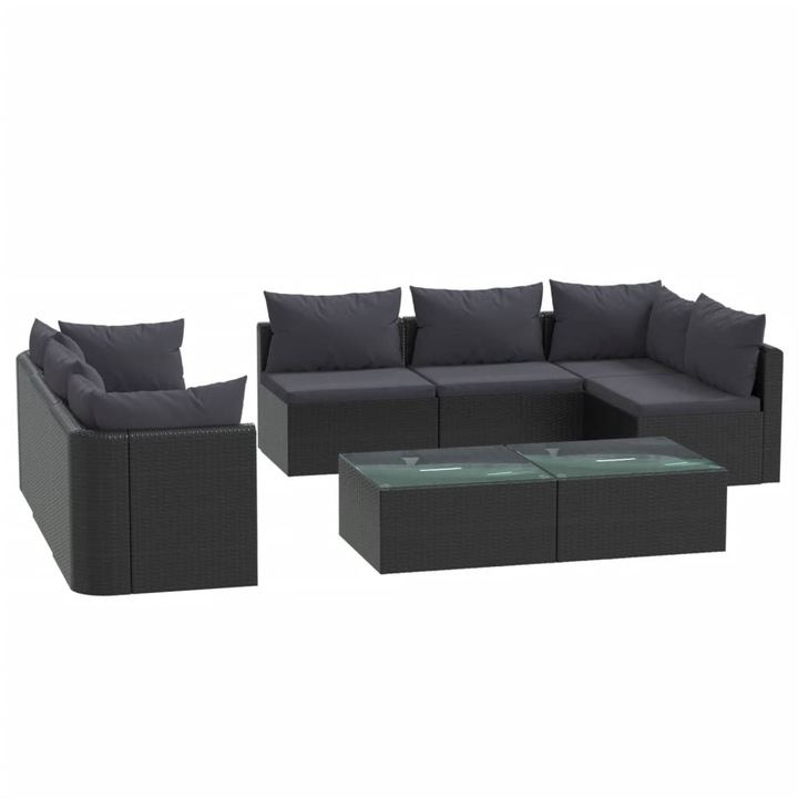Set mobilier de gradina cu perne vidaXL, 9 piese, negru, poliratan, 50 x 60 x 33 cm