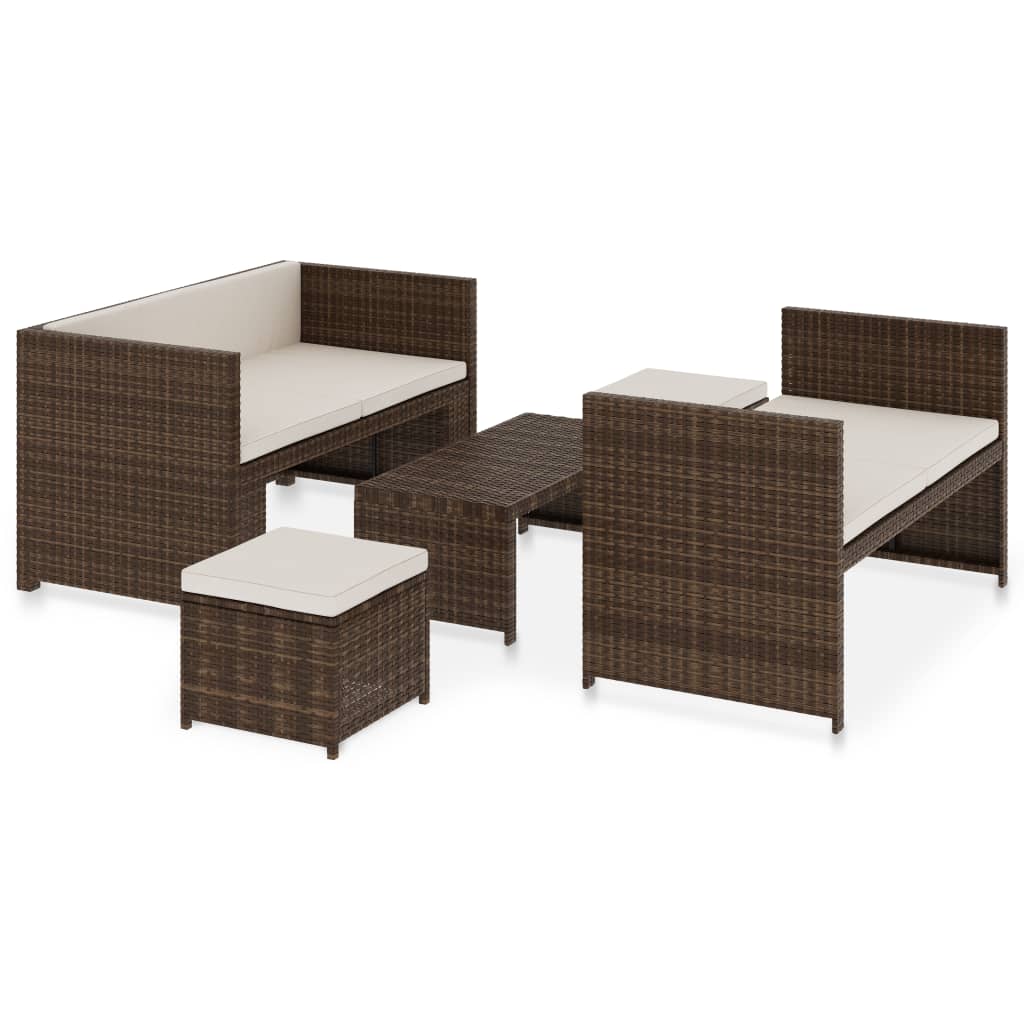Set mobilier de gradina 5 piese, masa canapea si tabureti, vidaXL, Poliratan, 130 x 70 x 70 cm, Maro