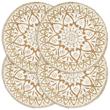 Set de 4 naproane model floral, vidaXL, Iuta, 38 cm, Alb Set de 4 naproane model floral, vidaXL, Iuta, 38 cm, Alb