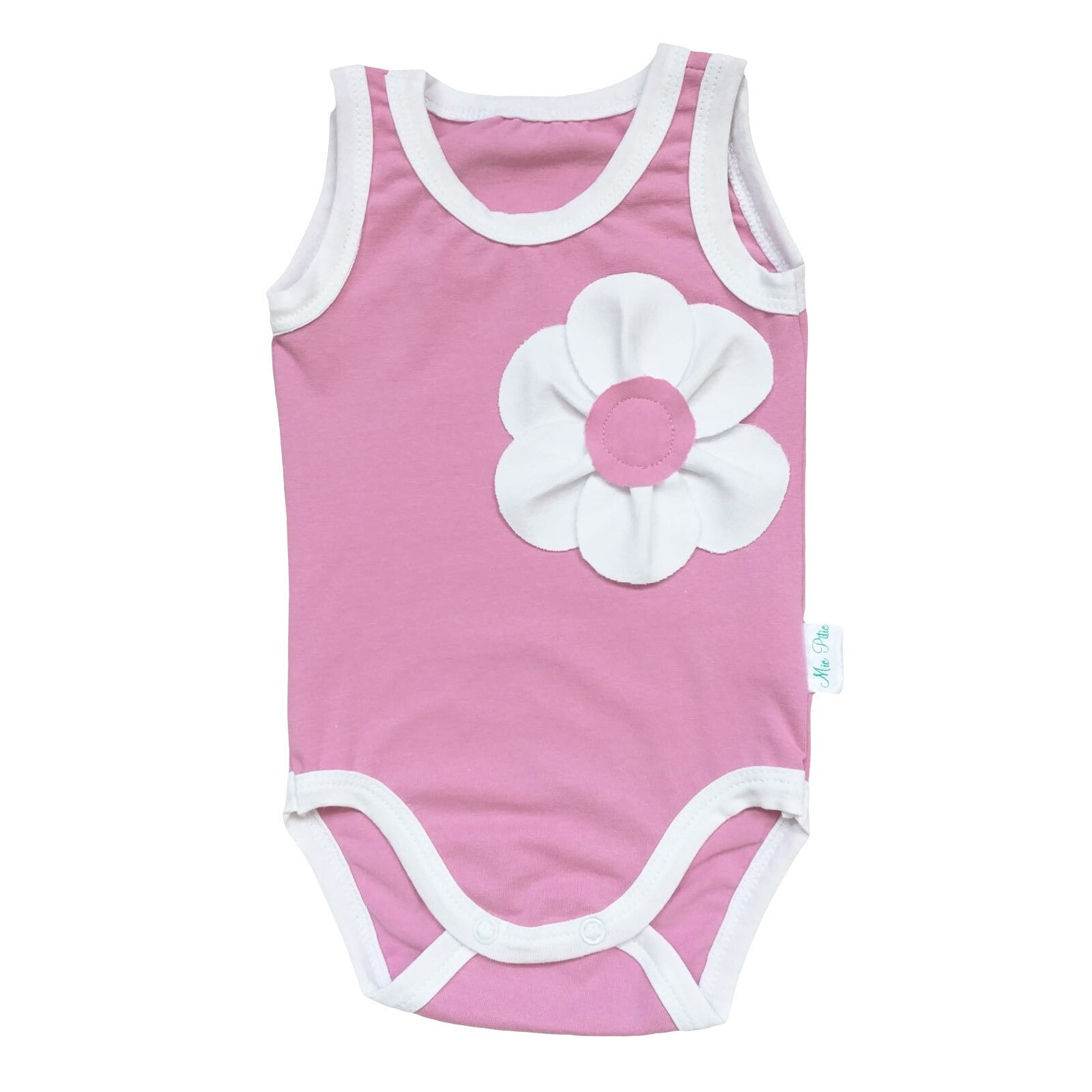 Body tip maieu din tricot cu maneca scurta, Mic Pitic, aplicatie floare, Rose, Rose, 50 CM