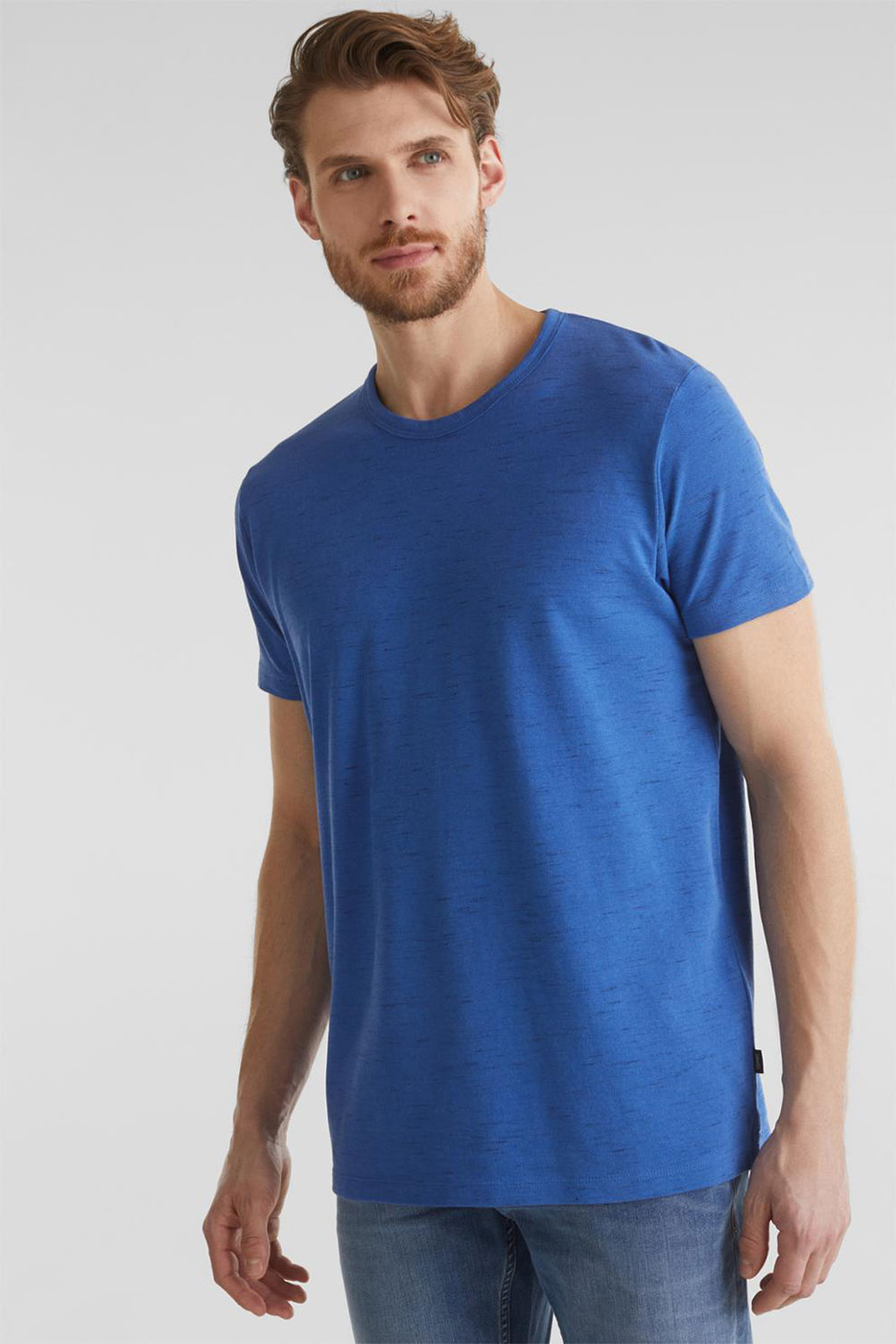 Esprit, Tricou din amestec de bumbac organic, cu decolteu la baza gatului, Albastru, S