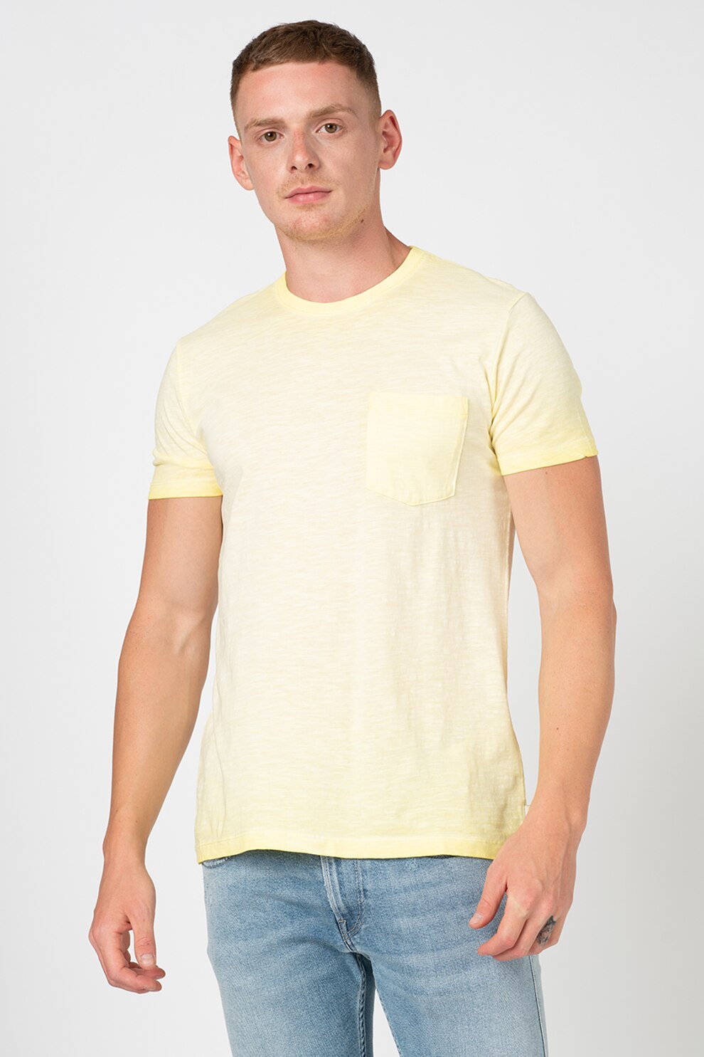 Esprit, Tricou din bumbac organic, cu buzunar pe piept, Galben pai, S