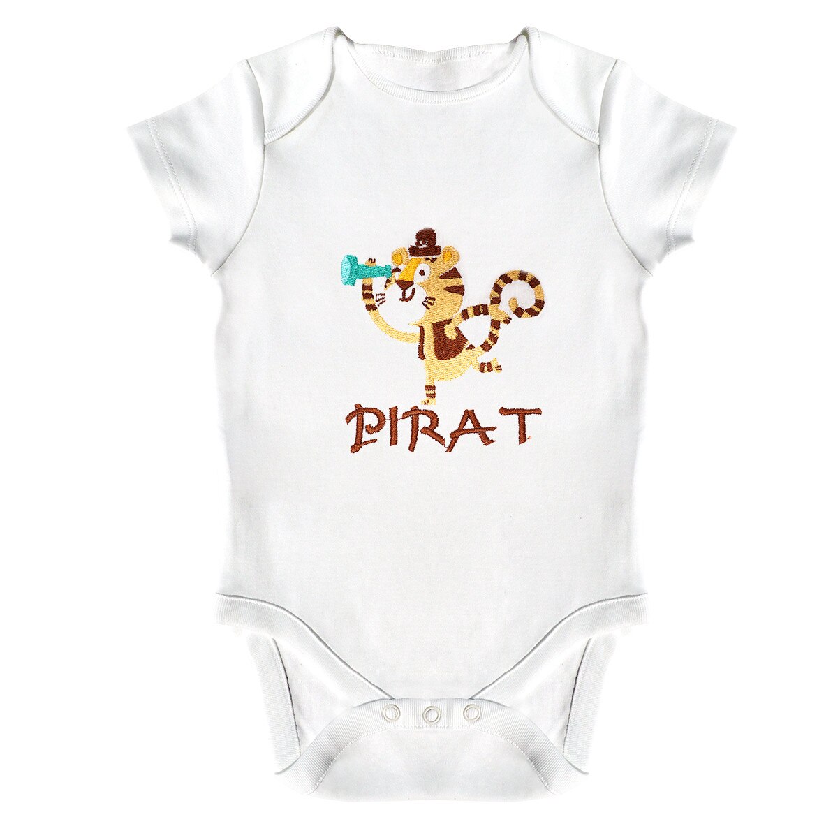 Body bebe, LWS, bumbac organic, brodat, model pirat tigru, Alb