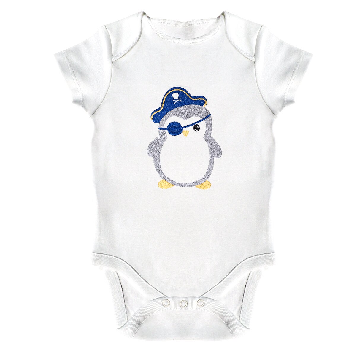 Body bebe, LWS, bumbac organic, brodat, model pirat pinguin, Alb
