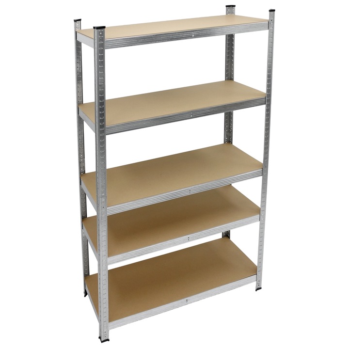 Set 4 x rafturi metalice industriale cu 5 polite MDF, ECD Germany, 150 kg/ polita, 180 x 90 x 40 cm, inaltime reglabila, sistem de conexiune fara suruburi