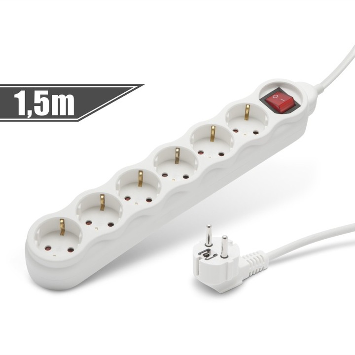 Prelungitor cu distribuitor 6 prize, cu intrerupator, 1,5 m, alb