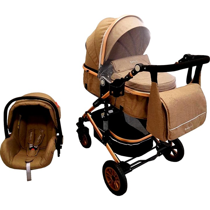 Количка за новородени 3 в 1 Baby Care, PRO 531, С включена бебешка чанта, Златна алуминиева рамка, Амортисьори, Плътни гумени колела AVE, Количка, Кора за кола, 3-степенна регулируема облегалка, Мрежа против насекоми, Капучино кафяво
