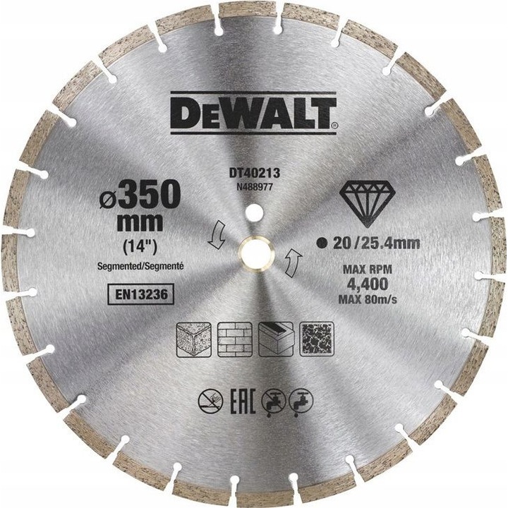 Szegmentált gyémánt tárcsa, DEWALT, 350x25,4 mm, ezüst