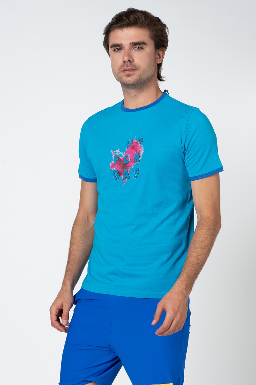 GAS, Tricou cu imprimeu grafic si logo, Albastru