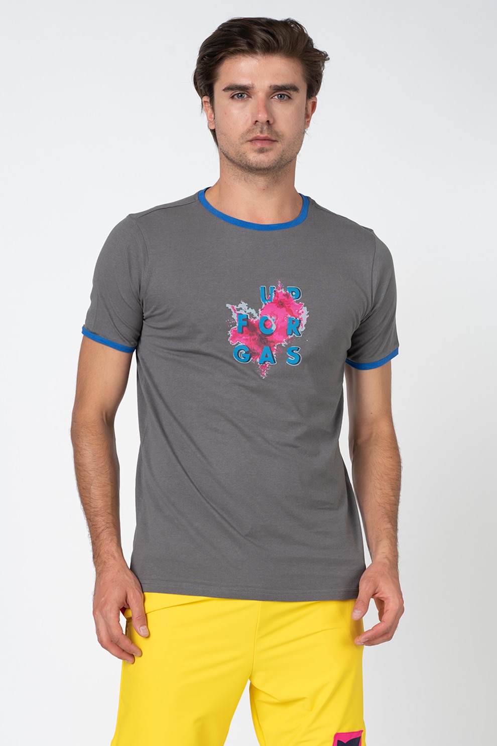 GAS, Tricou cu imprimeu grafic si logo, Gri