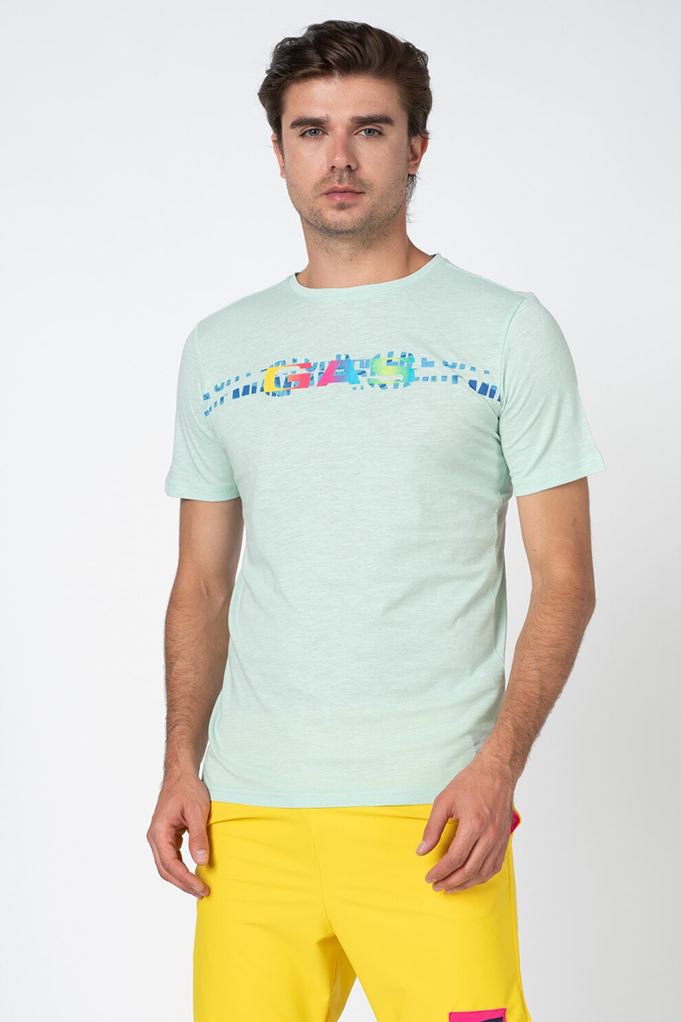 GAS, Tricou cu decolteu la baza gatului si imprimeu logo, XL, Verde